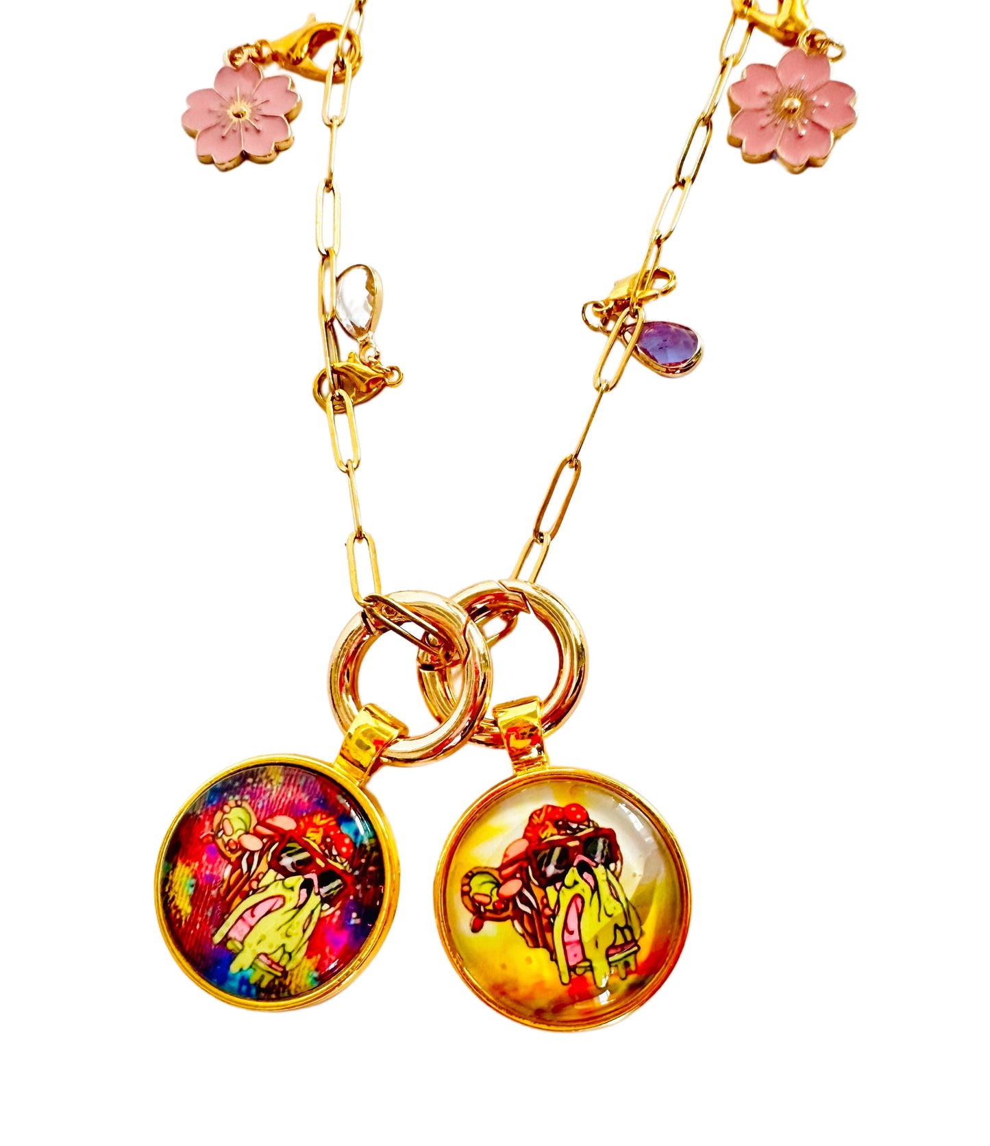 24” Small Paper Clip Long Gold Necklace w/ 2 Pendants