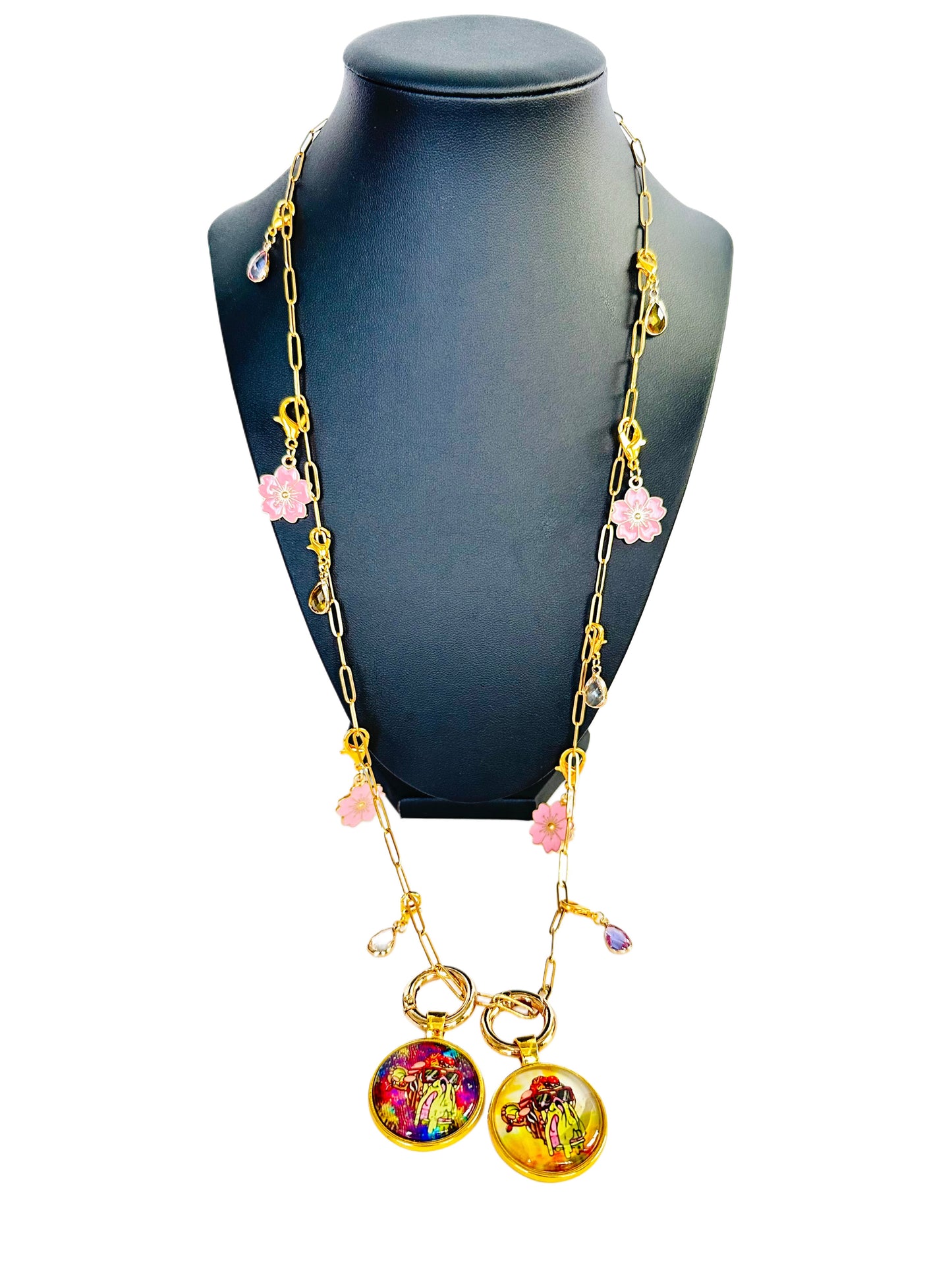 24” Small Paper Clip Long Gold Necklace w/ 2 Pendants