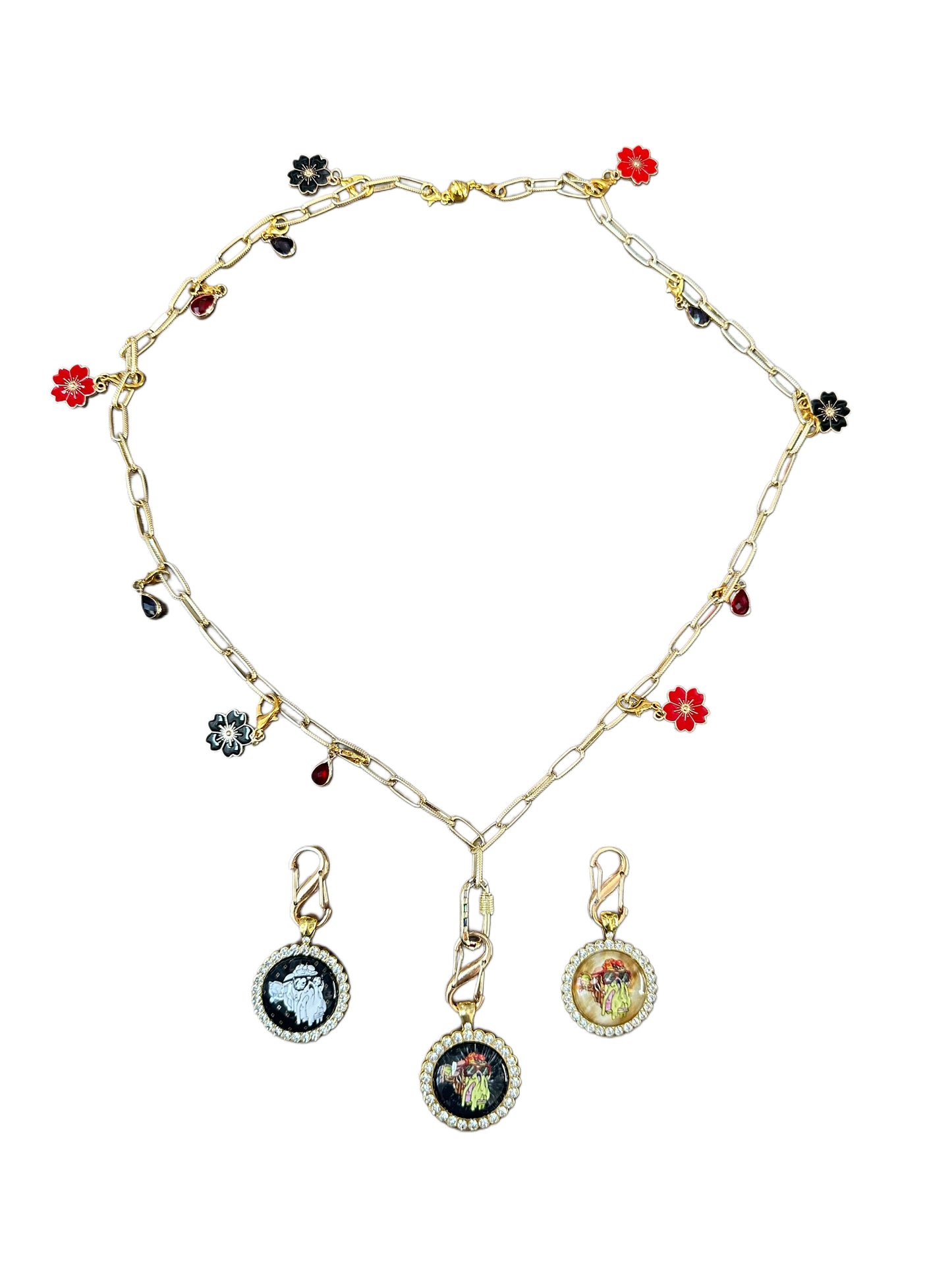 28” Large Paper Clip Long Gold Necklace w/ 3 Pendants