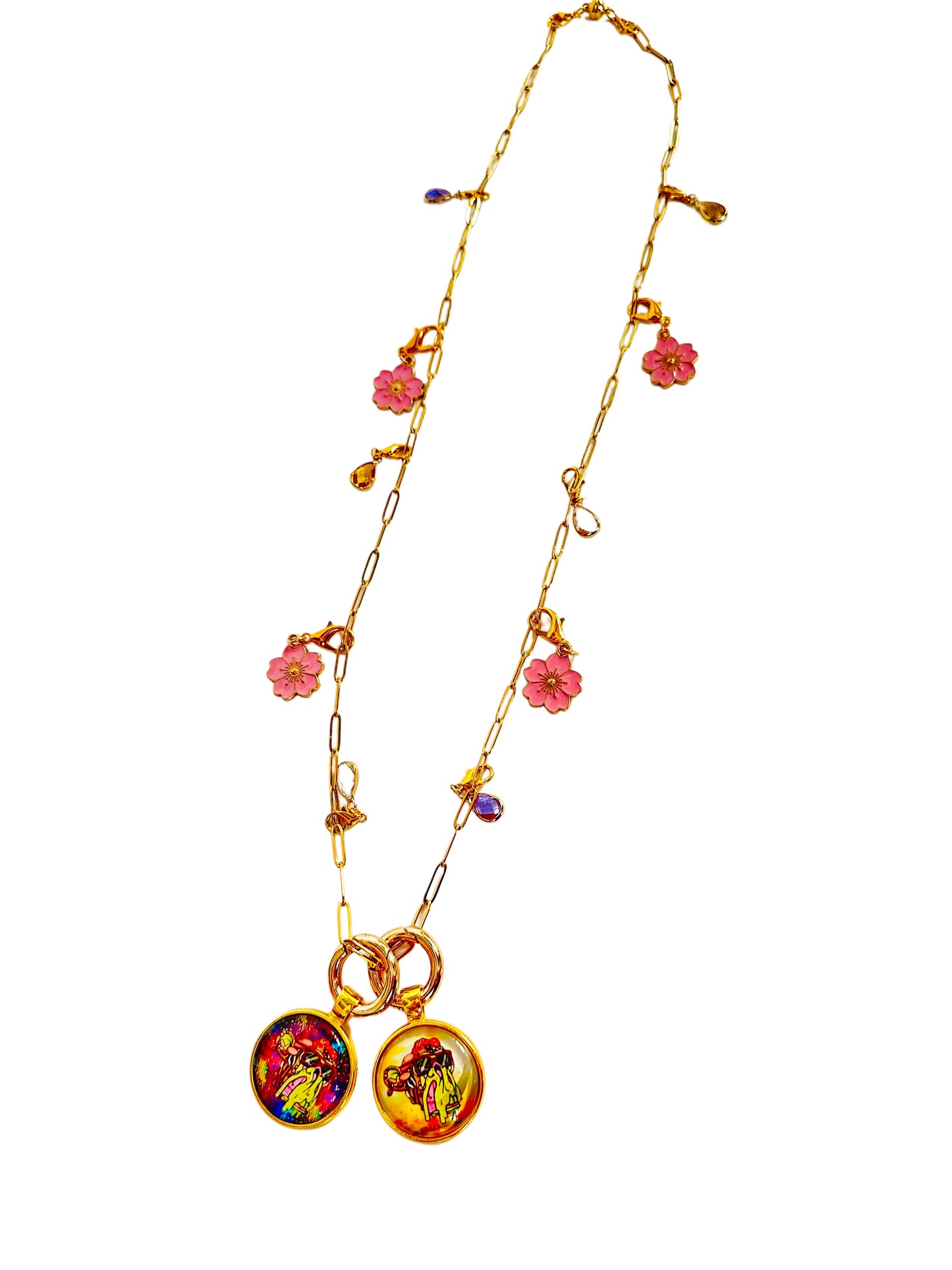 24” Small Paper Clip Long Gold Necklace w/ 2 Pendants