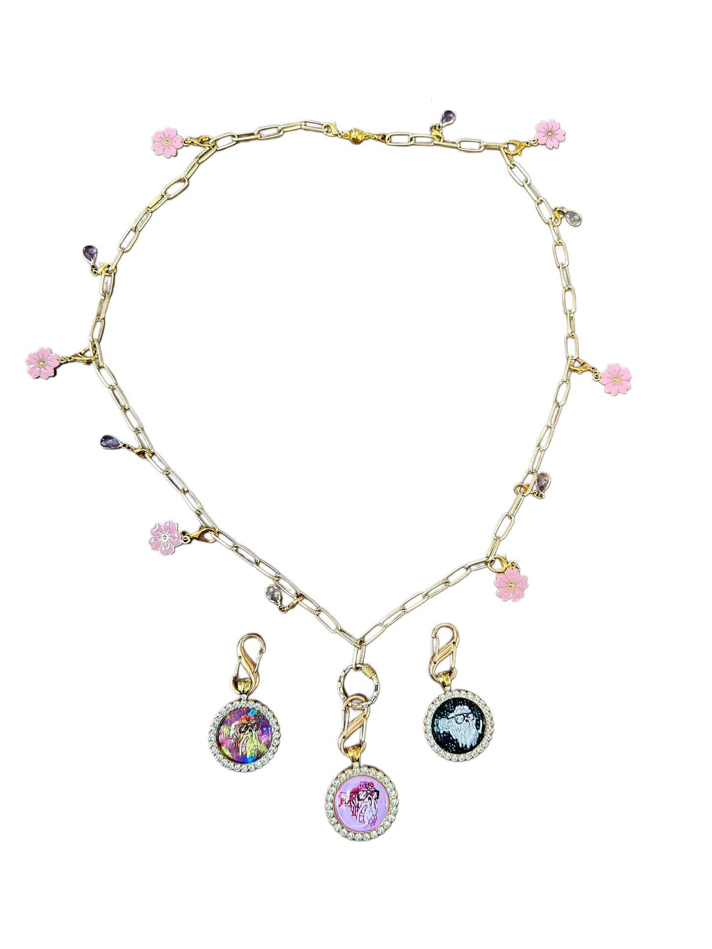 28” Large Paper Clip Long Gold Necklace w/ 3 Pendants
