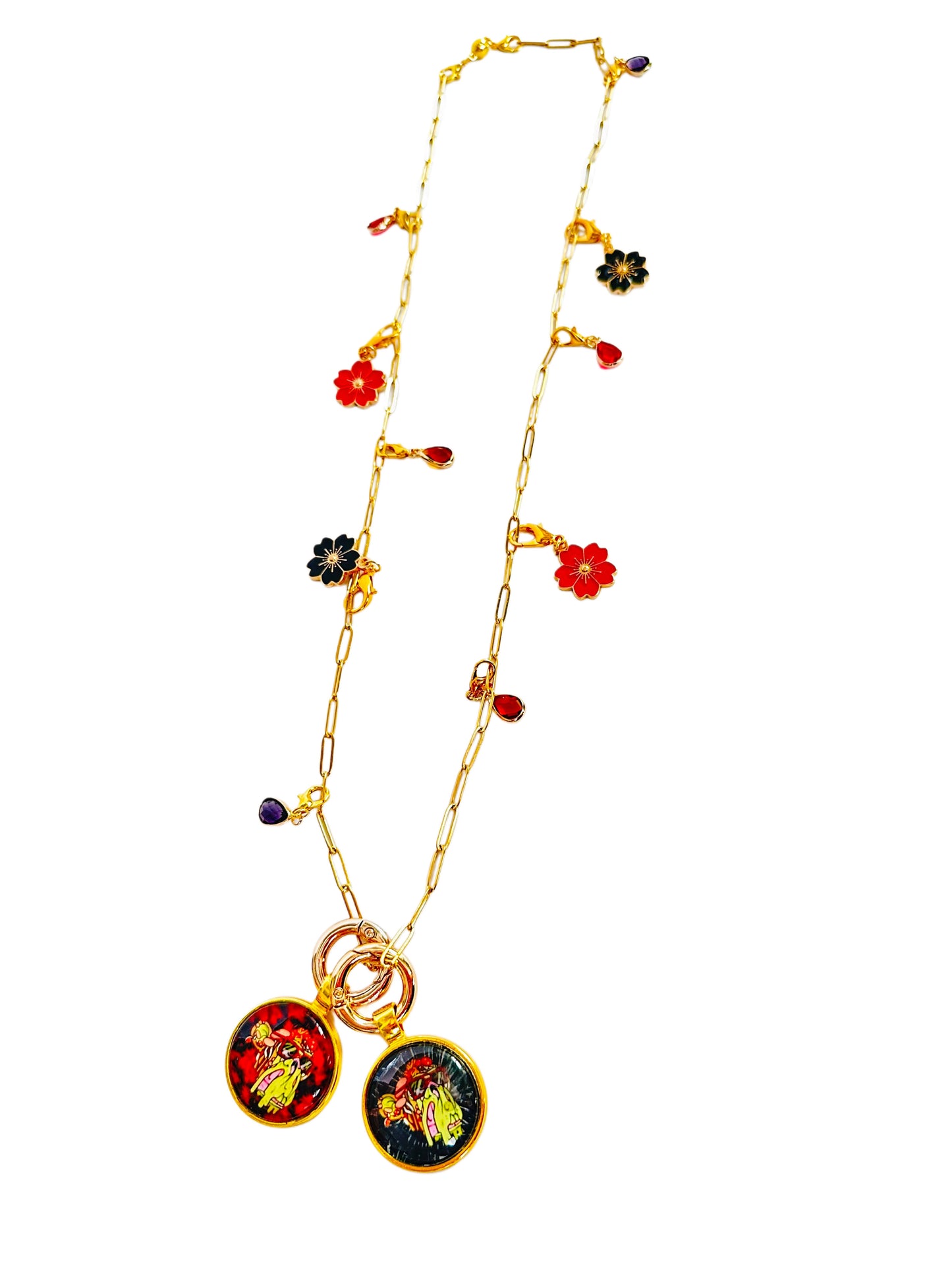 24” Small Paper Clip Long Gold Necklace w/ 2 Pendants
