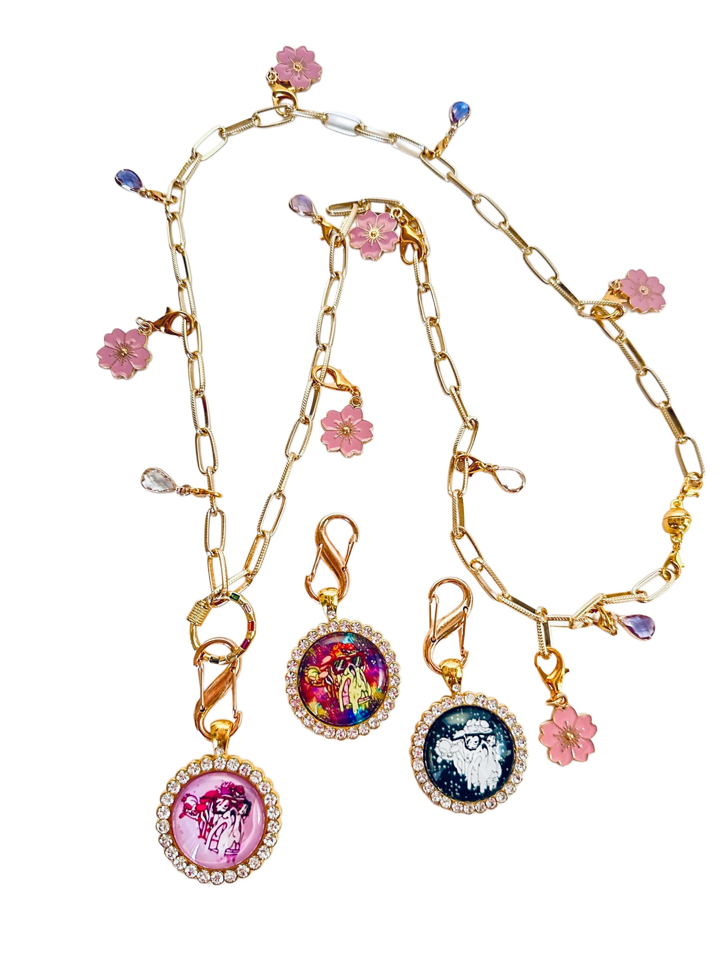 28” Large Paper Clip Long Gold Necklace w/ 3 Pendants