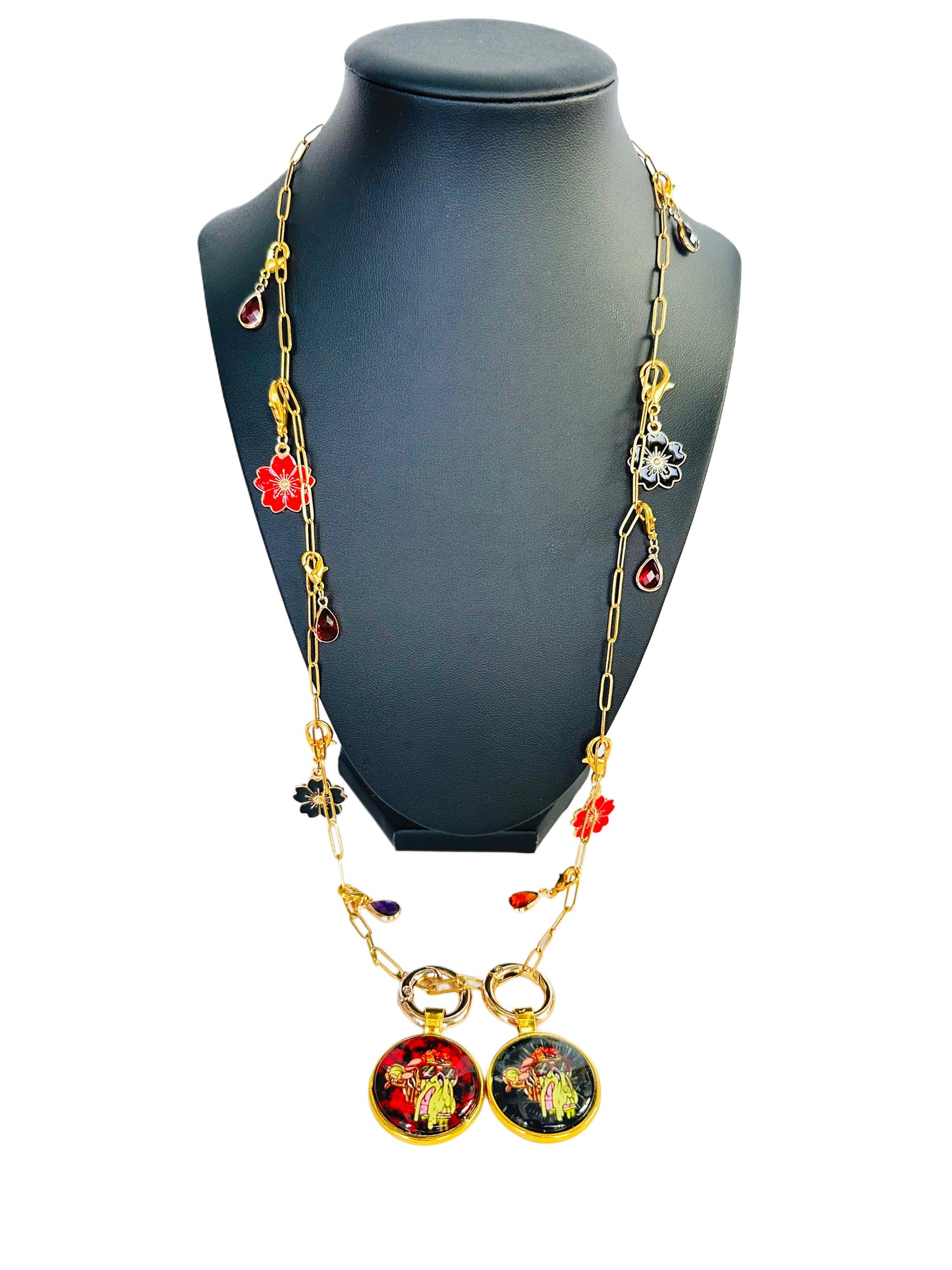 24” Small Paper Clip Long Gold Necklace w/ 2 Pendants