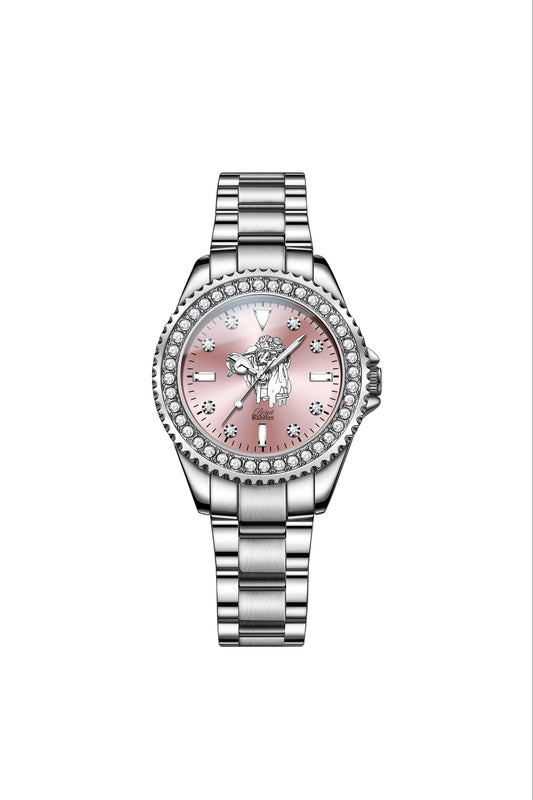 Bored Baddies CZ Bezel Silver Pink Stainless Steel Womens Watch