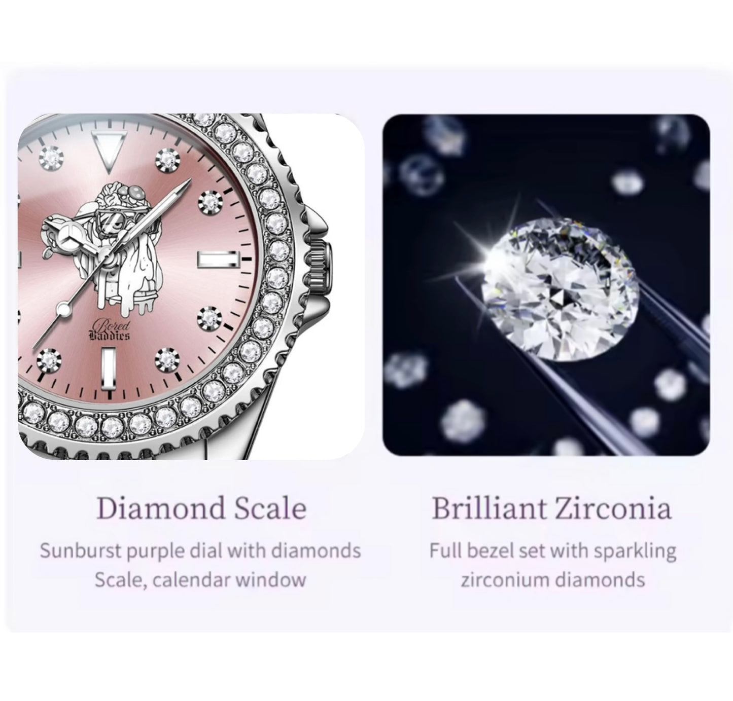 Bored Baddies CZ Bezel Silver Pink Stainless Steel Womens Watch