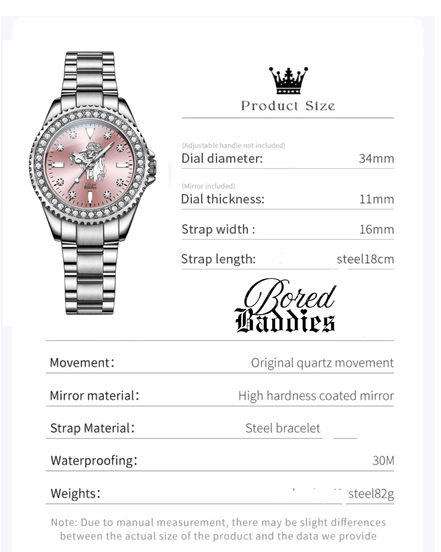 Bored Baddies CZ Bezel Silver Pink Stainless Steel Womens Watch