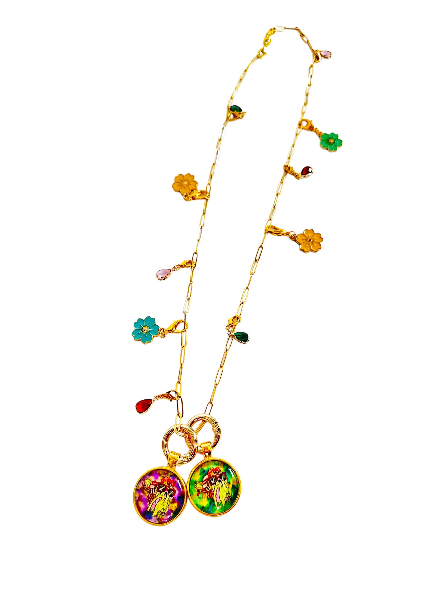 24” Small Paper Clip Long Gold Necklace w/ 2 Pendants