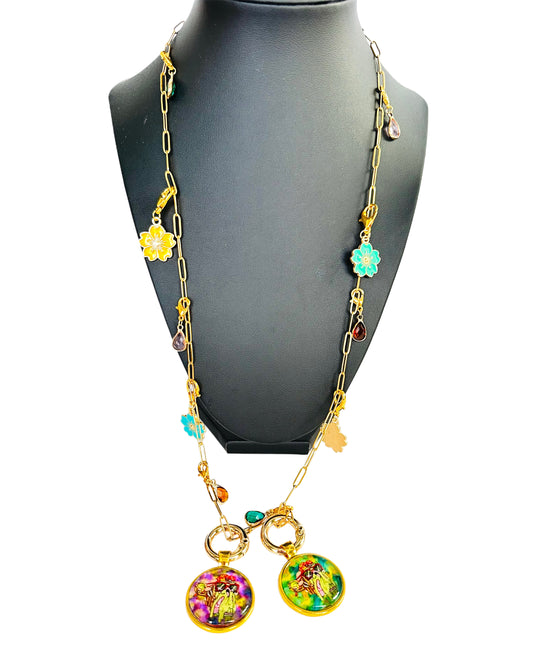 24” Small Paper Clip Long Gold Necklace w/ 2 Pendants